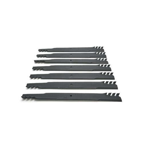 Seven black mulching blades arranged in a row, designed for Toro Groundsmaster 4700 decks