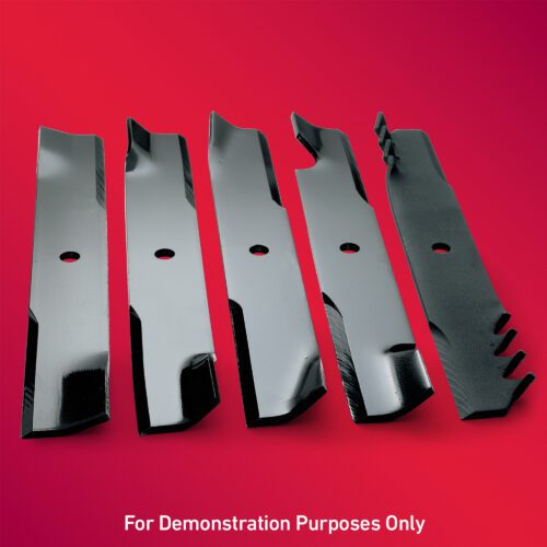 Five black mulching blades displayed against a red background, showcasing different toothed profiles