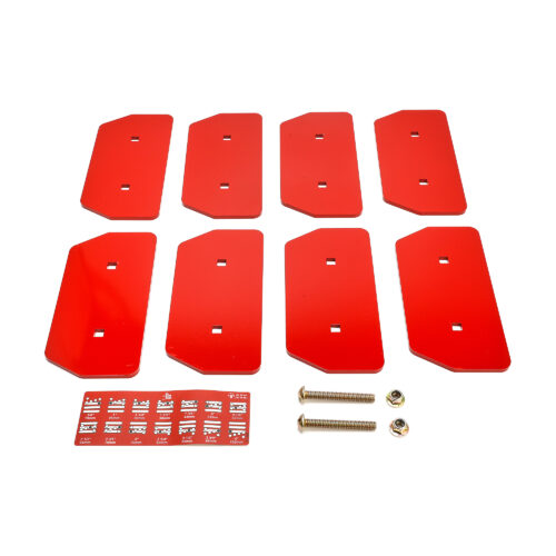 Eight red ballast plates with bolts and installation labels for added weight on Groundsmaster mowers
