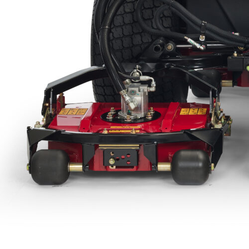 Close-up of a red rear-discharge deck with wheels, designed for the Groundsmaster 4300 mower