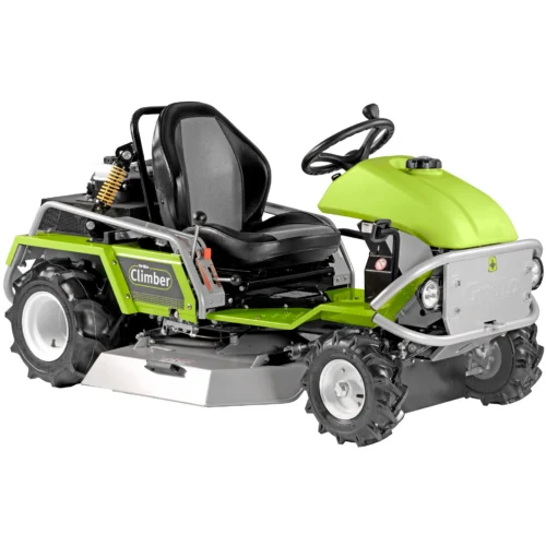 Compact ride-on mower with a green body, large wheels, and a comfortable black seat for tackling tough vegetation