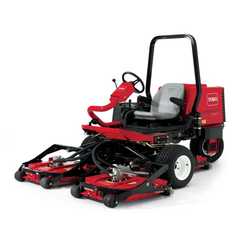 Red ride-on mower with three cutting decks, adjustable seat, and ergonomic controls for efficient turf care