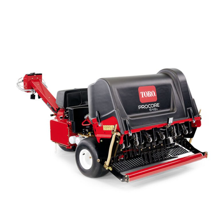 Red turf aerator with a black cover, featuring multiple tines and ergonomic controls for easy operation