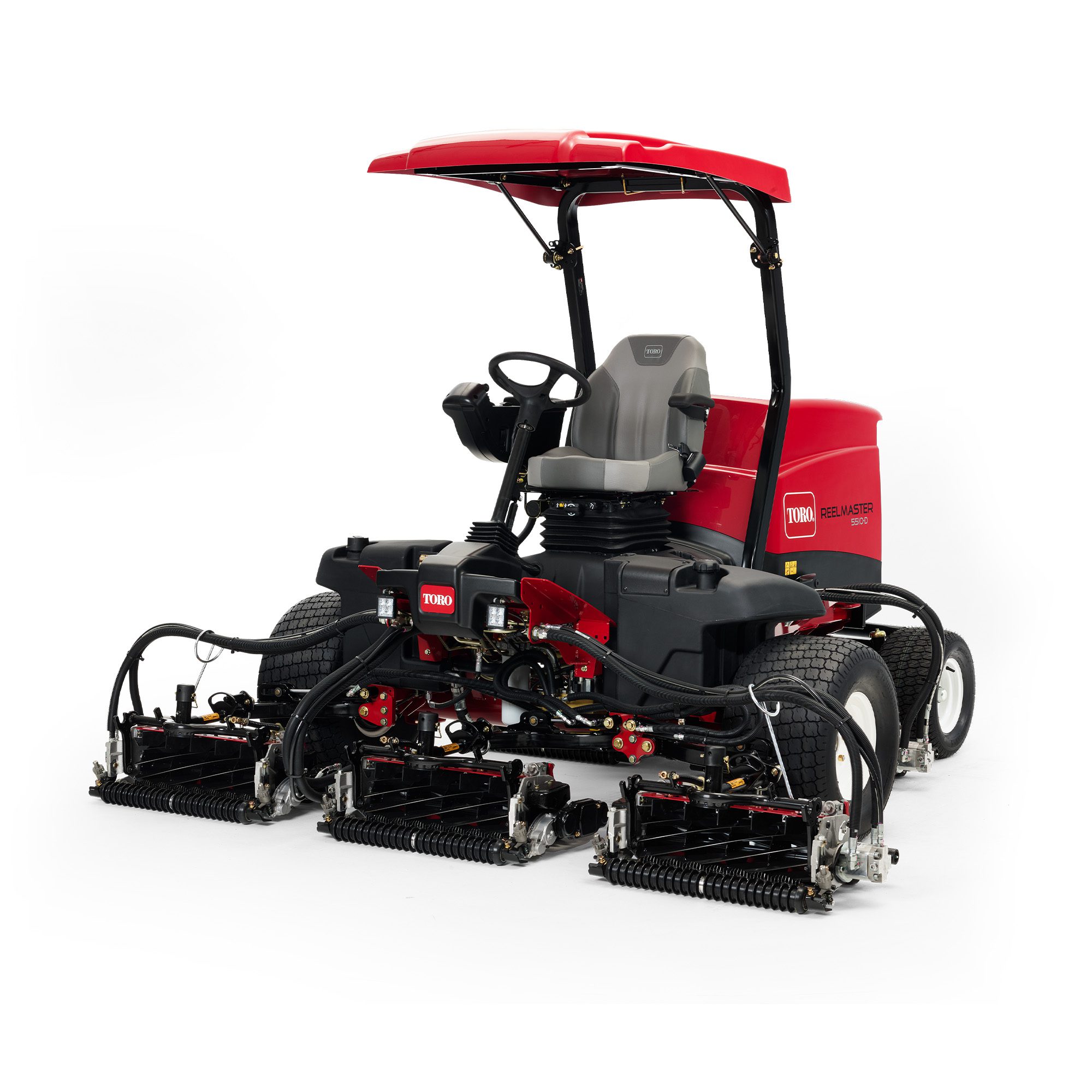 mainimg Red ride-on mower with dual cutting units and comfortable operator seat, showcasing advanced turf care technology