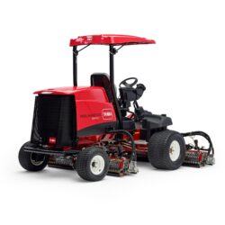 Red ride-on mower with dual cutting units, showcasing a compact design and operator seat