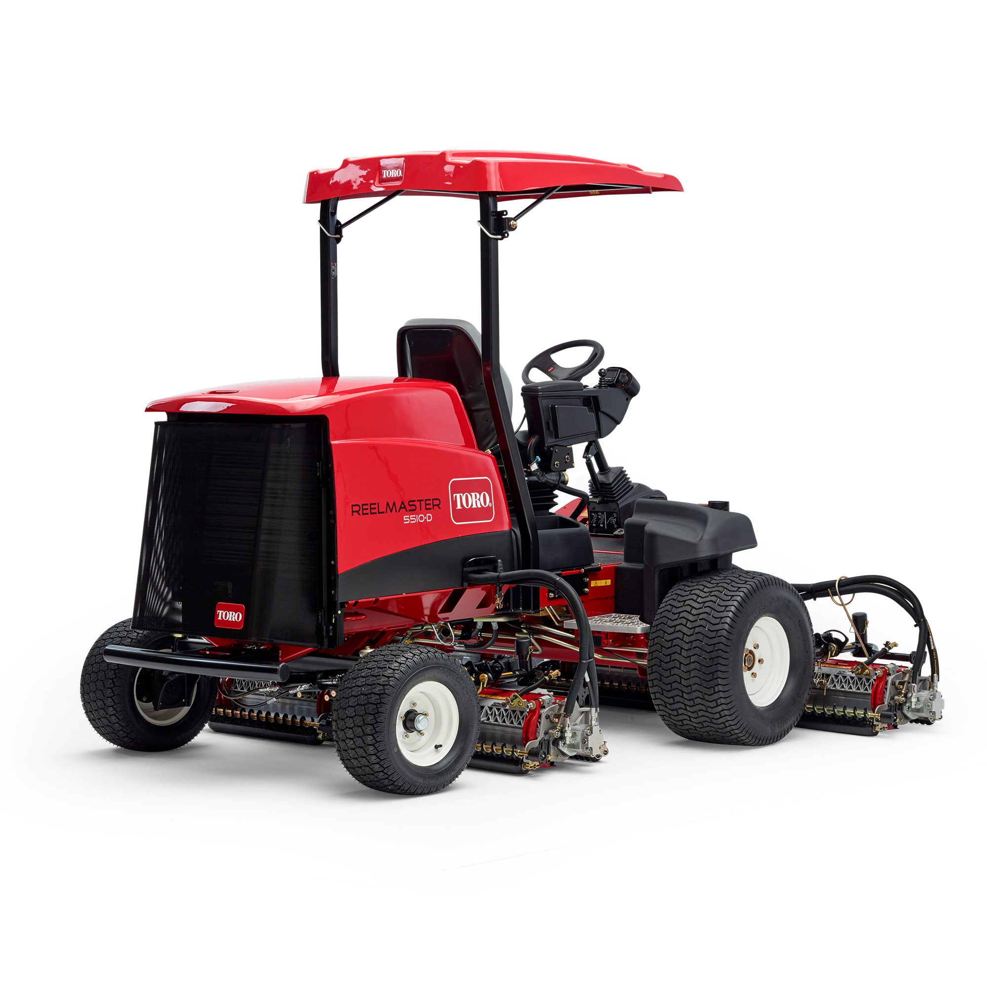 prodimg5 Red ride-on mower with dual cutting units, showcasing a compact design and operator seat