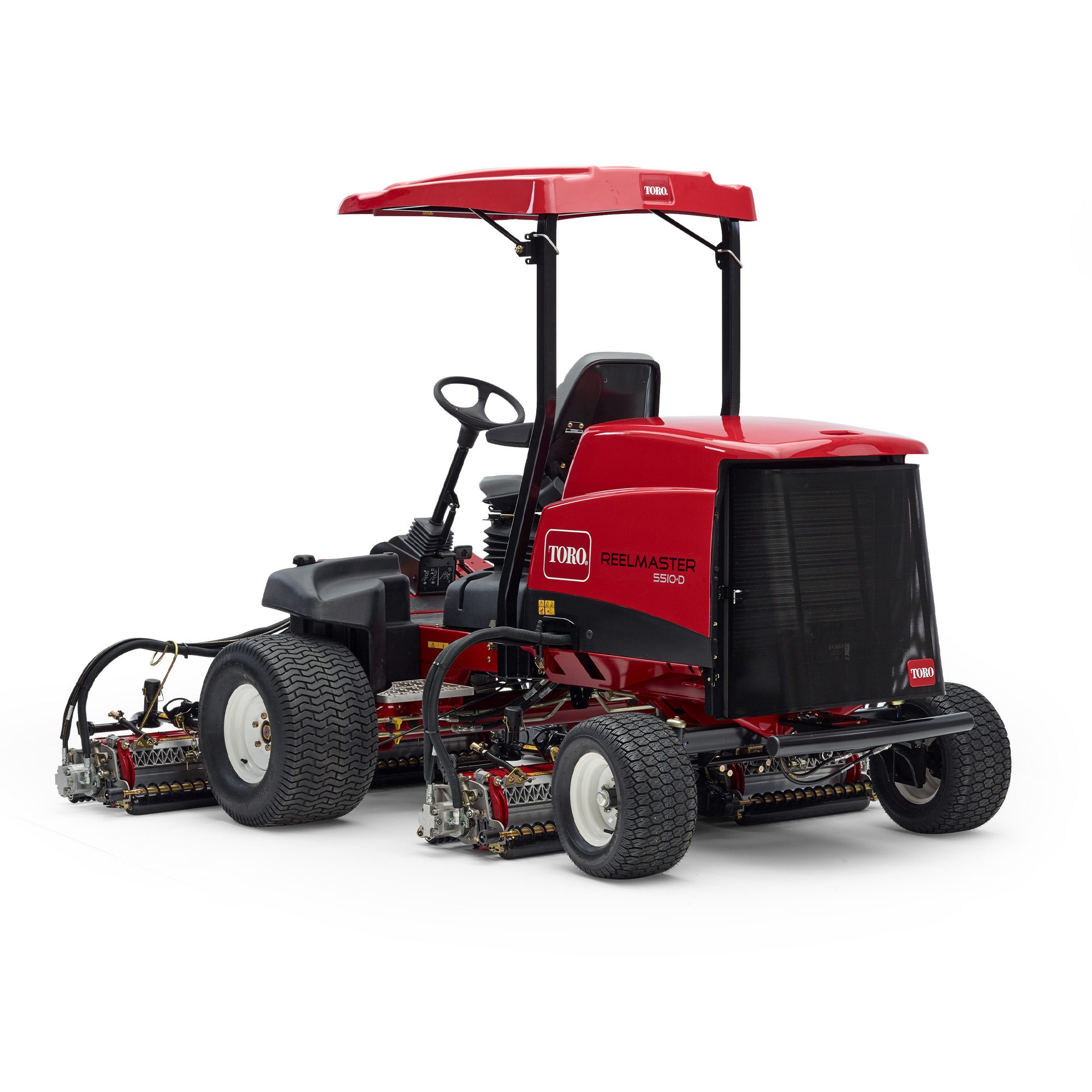 prodimg6 Red Toro ride-on mower with dual cutting units and protective canopy, showcasing robust design and operator seat