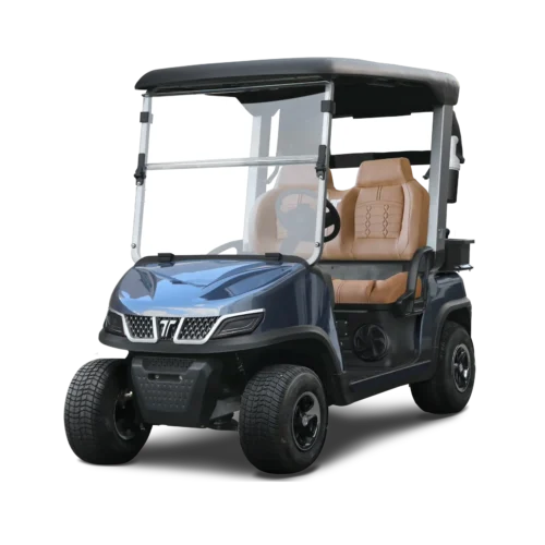 A sleek electric golf cart with a navy body and tan seats, showcasing luxury and ergonomic design