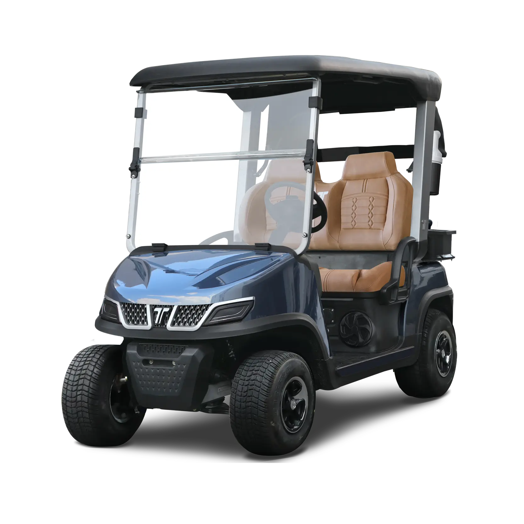 spirit-pro-colorARCTIC-GRAY2 A sleek electric golf cart with a navy body and tan seats, showcasing luxury and ergonomic design