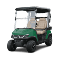 A golf cart in Arctic Gray with a clear windshield and beige seating, angled for visibility