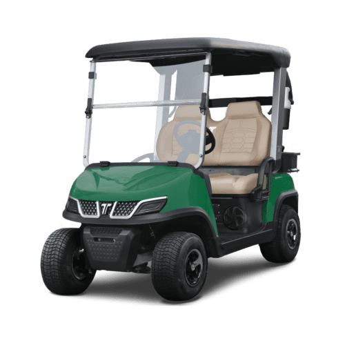 A golf cart in Arctic Gray with a clear windshield and beige seating, angled for visibility