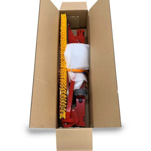 SMG DB1600F Triangle Brush, red and yellow turf maintenance brush, boxed for shipping and delivery.