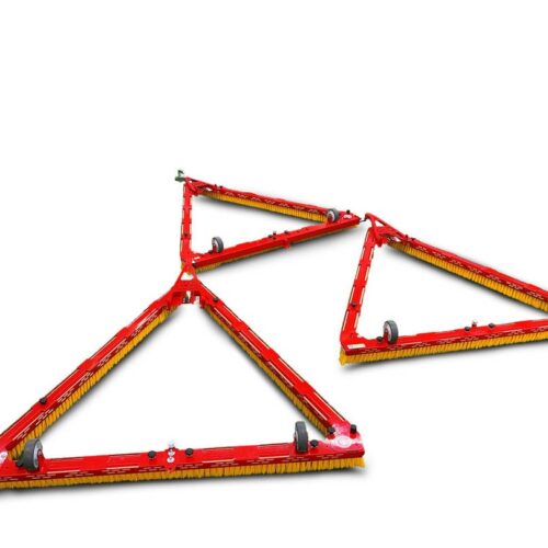 SMG Triangle Brush DB1600F trio configuration with retracted crossbars and 2-meter working width, making a left turn during artificial turf maintenance