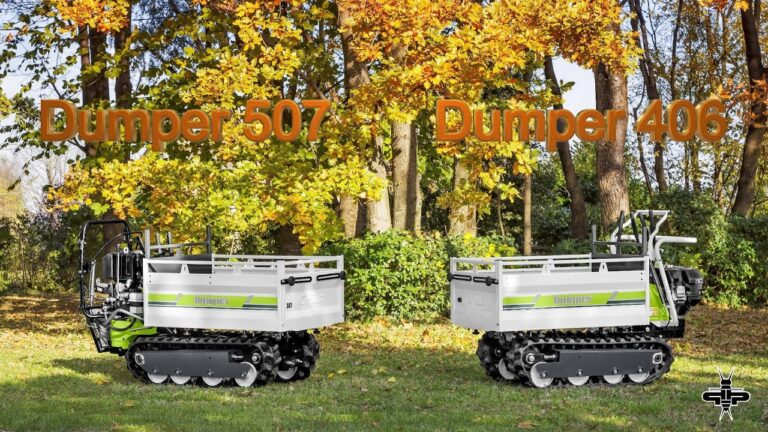 Two Dumper models, 406 and 507, displayed outdoors among autumn trees with vibrant foliage